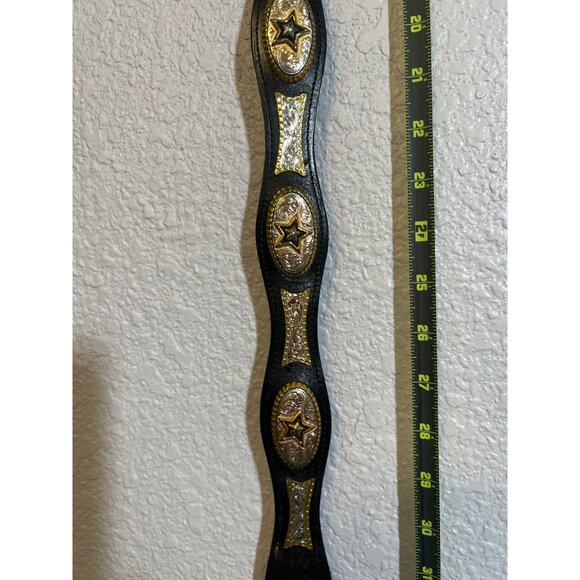 Vtg Western Tooled Leather Belt Silver & Gold Star Conchos Black Sz 38 Unisex - Picture 11 of 14
